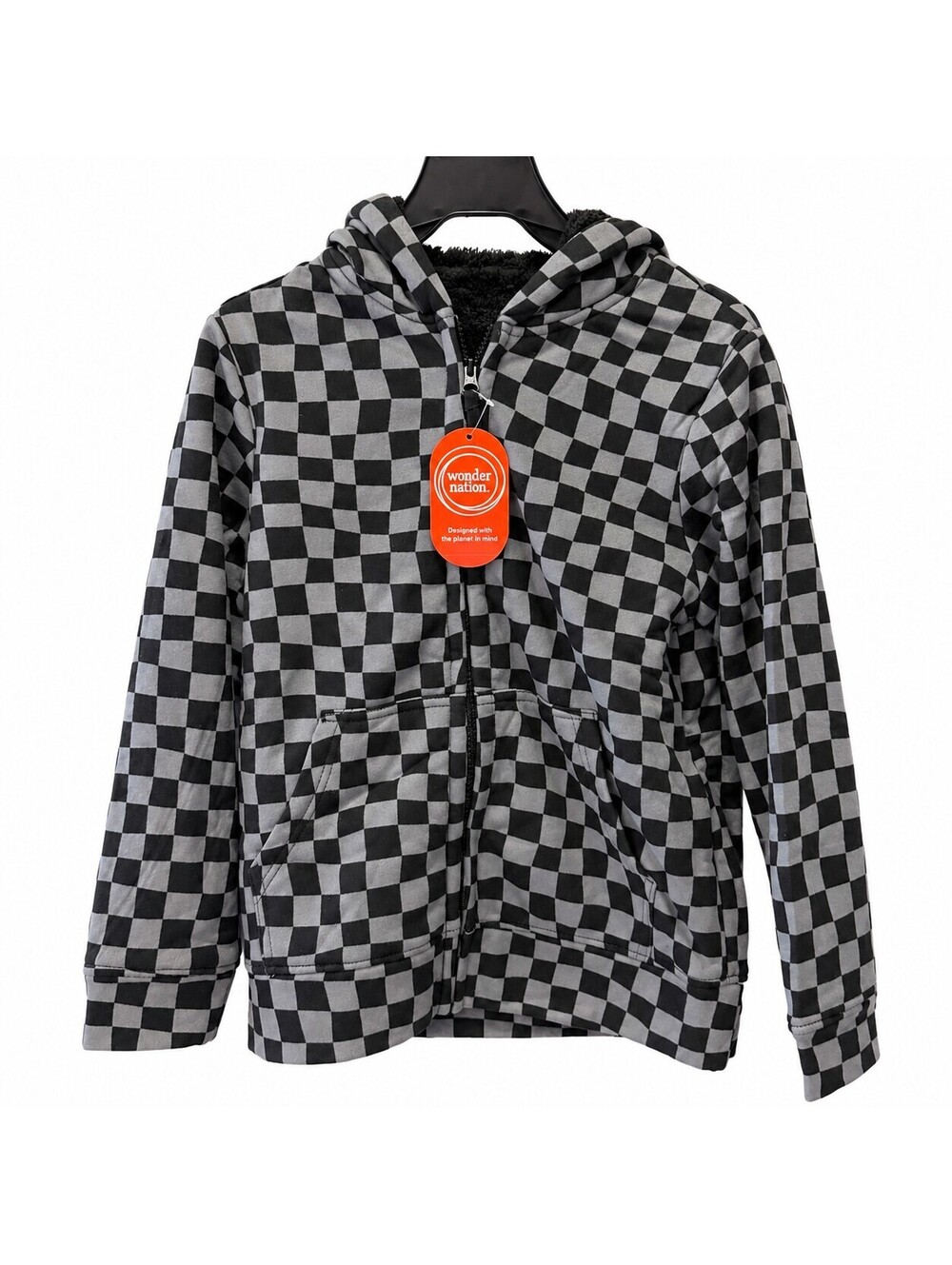 Wonder Nation Boys' Large (10-12) Black & Gray Check Sherpa-Lined Hoodie Jacket